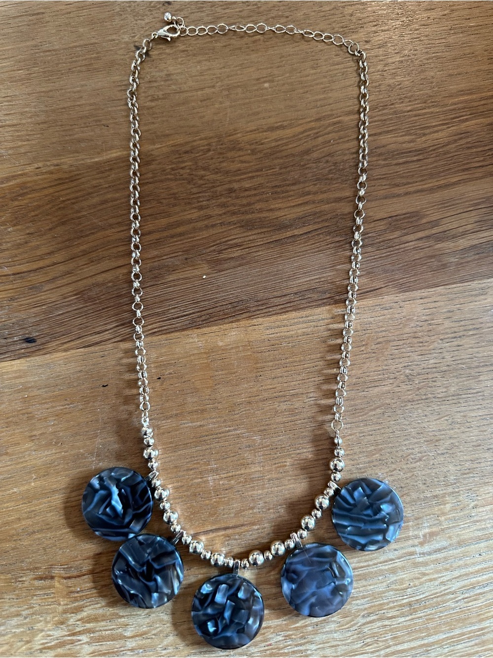 Gold Chain Necklace with Five Navy Shell Disk Pendants